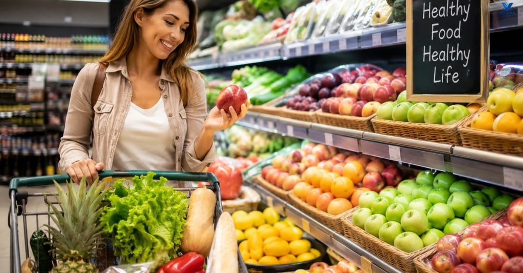 Consumers shopping for healthy foods and fresh produce in a grocery store.