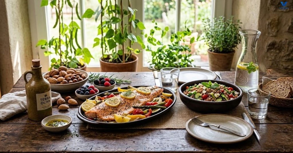 Fresh foods from the Mediterranean such as olive oil, salmon, vegetables, fruits, nuts and whole gra
