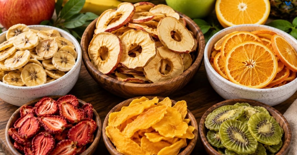 Healthy dehydrated fruit snacks made from apples, bananas, oranges, and mixed fruits.