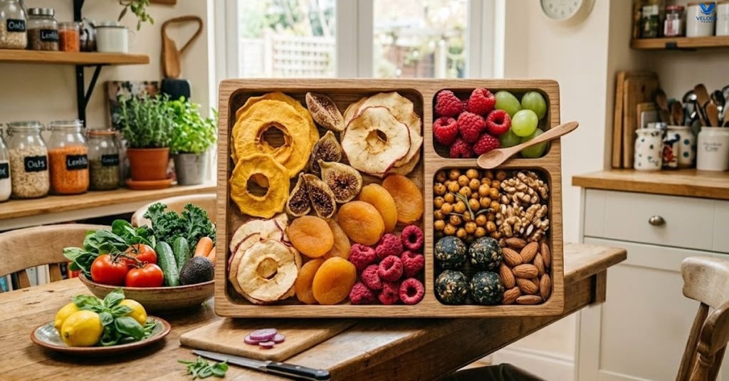 Balanced healthy snack box with dehydrated fruits and nutritious whole foods.