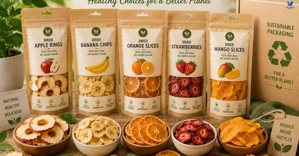 Sustainable food packaging and healthy dehydrated fruit products.