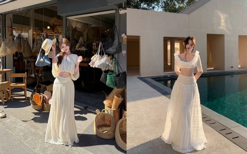 Cách tạo dáng nhấc nhẹ tà váy duyên dáng cho nữ mặc váy dài