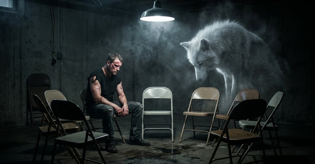Injured man sitting in a dark basement with a glowing white wolf spirit in a circle of chairs.