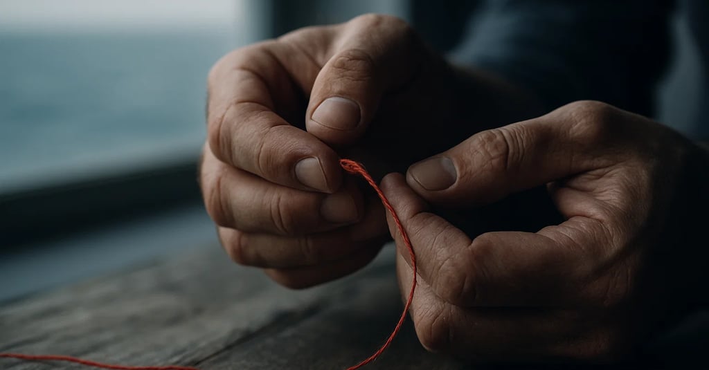 a person holding a red thread and thread
