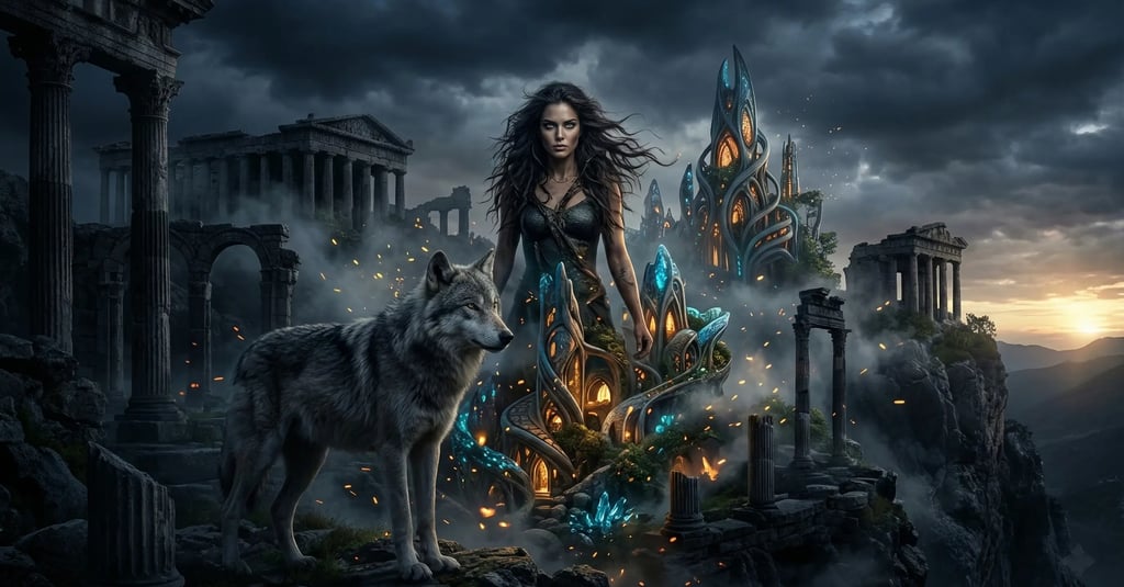 Fantasy female warrior with a grey wolf standing amidst glowing ancient ruins and stone columns.