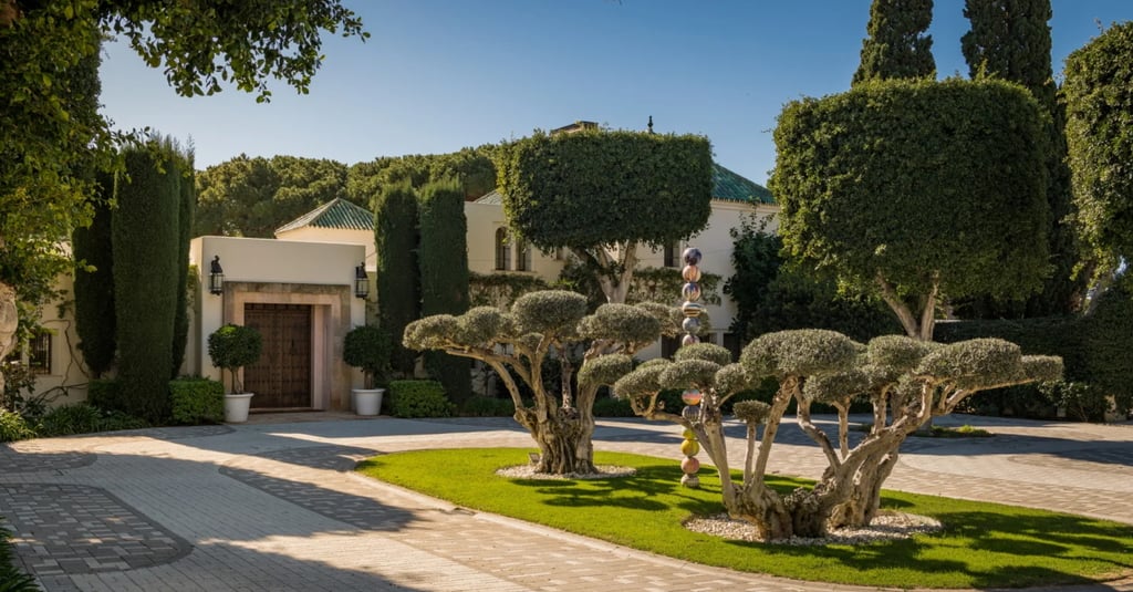 Gated entrance courtyard with manicured topiary and mature trees