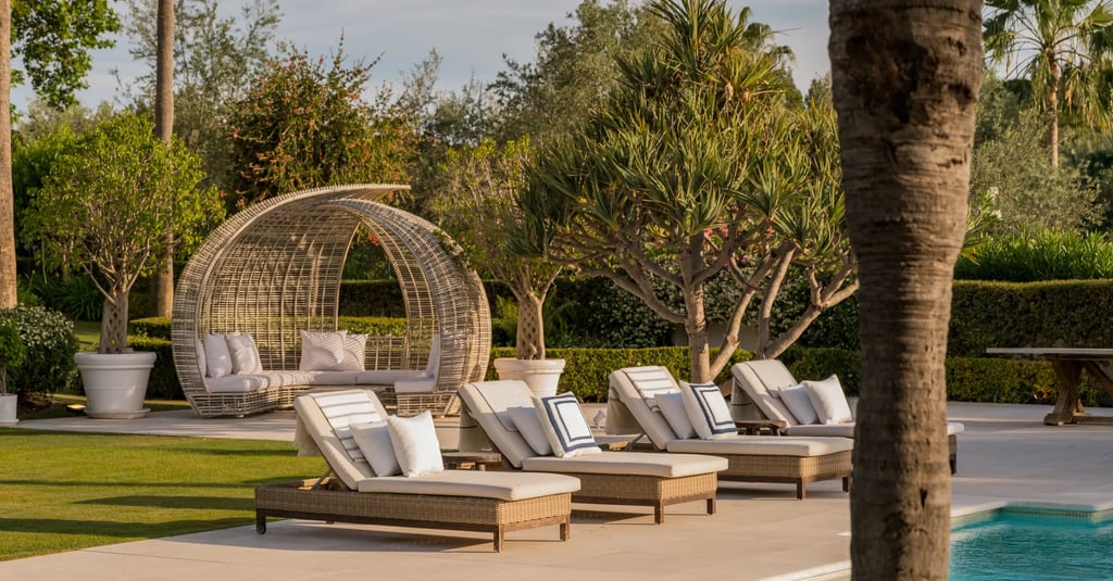 Poolside loungers with rattan daybed and palm trees