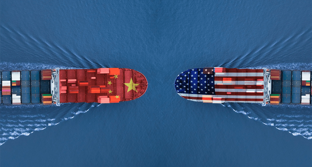 two ships are seen from above, with a flag on the bottom