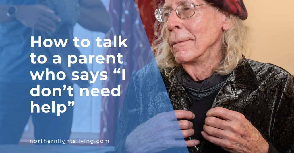 Elderly man adjusting his jacket with text about talking to a parent about senior care help.