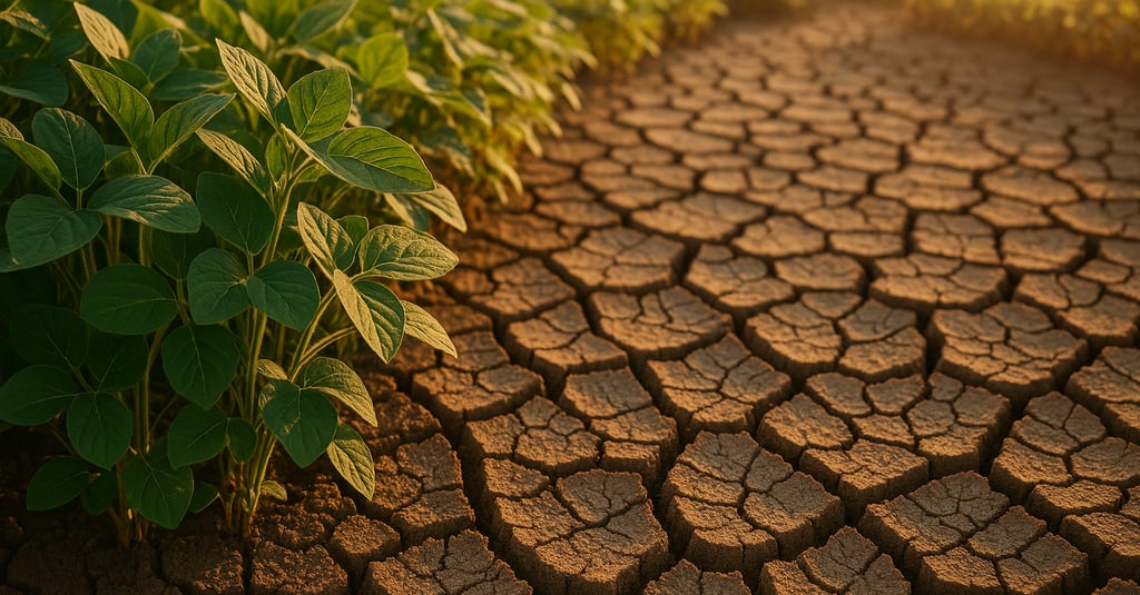 Plantação de soja saudável protegida da seca pelo bioinsumo Hydratus desenvolvido pela Embrapa com b