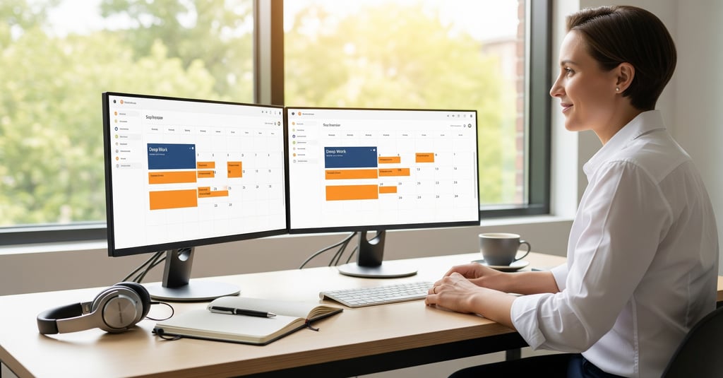 A focused professional at a desk with dual monitors showing an organized calendar.
