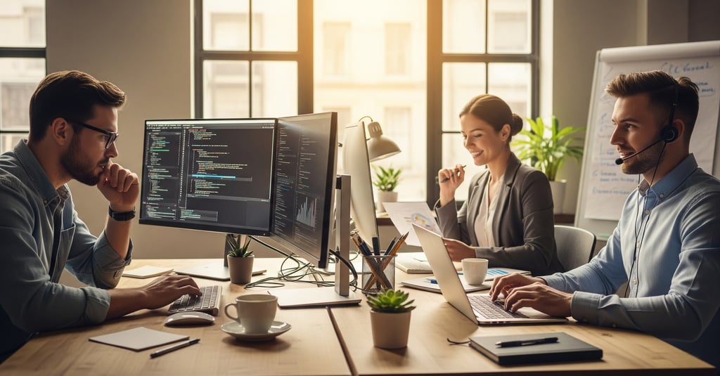 A diverse group of three professionals working on laptops in a modern co-working space.