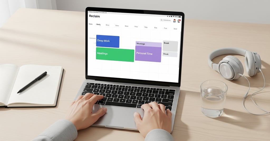A minimalist workspace with a laptop displaying a color-coded scheduling interface.