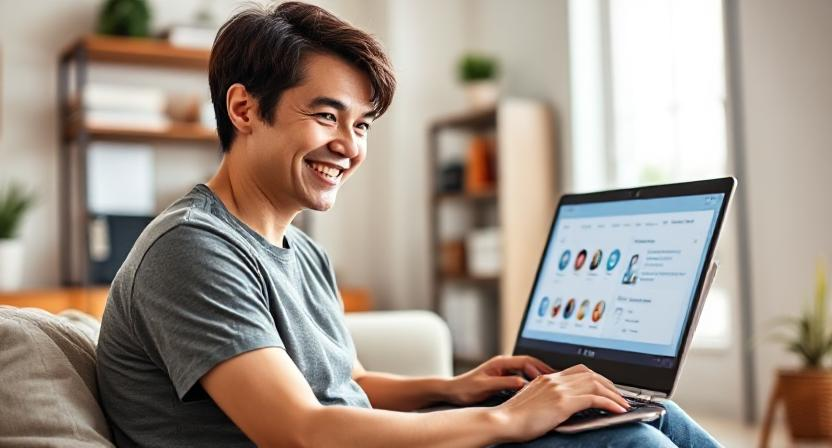 a man sitting on a couch with a laptop computer using humantalk ai