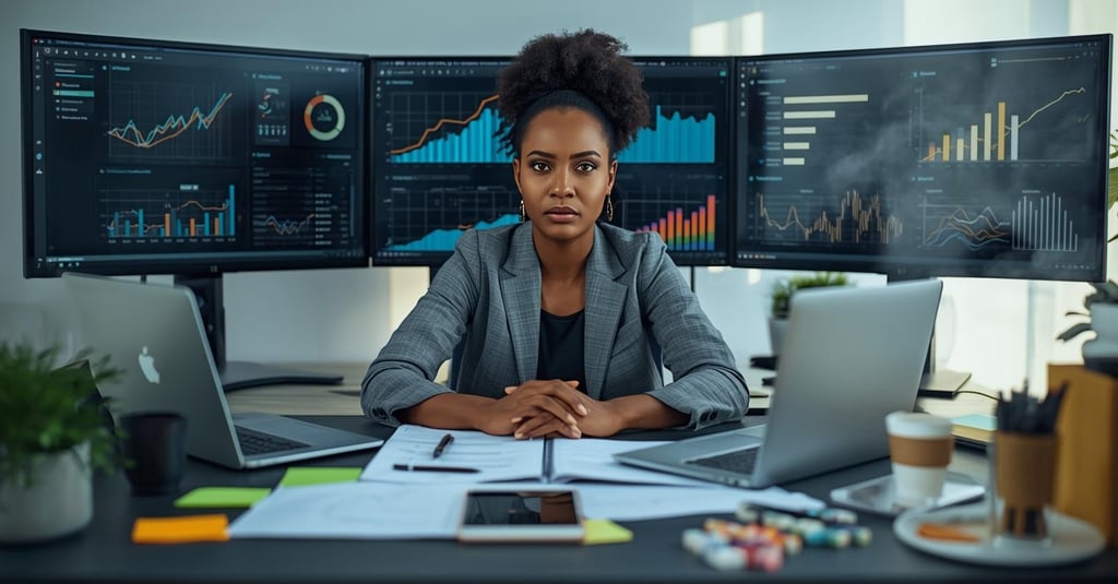 Entrepreneur preparing a product launch, focused on analytics dashboards at a modern, sunlit desk.