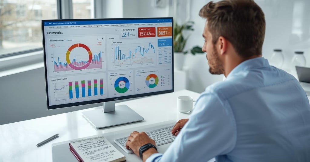 Person analyzing product launch metrics on a dashboard with conversion rates and KPI tracking