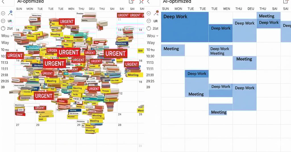A split-screen shows a chaotic calendar on the left & the other, an organized, AI-optimized calendar