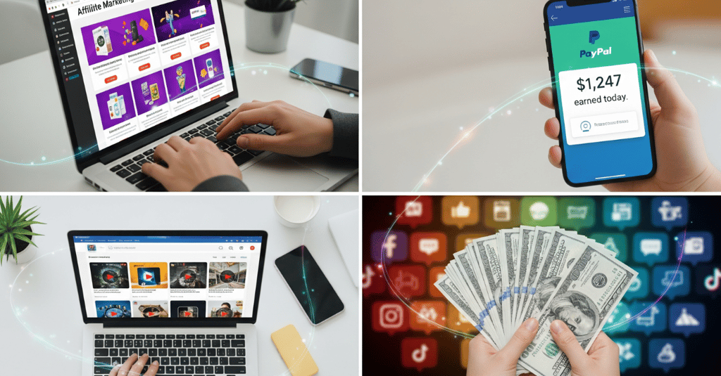 A split-screen of  four different online income streams, including affiliate market and social media