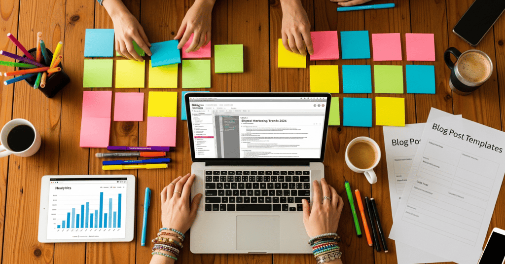 A bird's-eye view of a creative content planning session with colorful sticky notes on a table