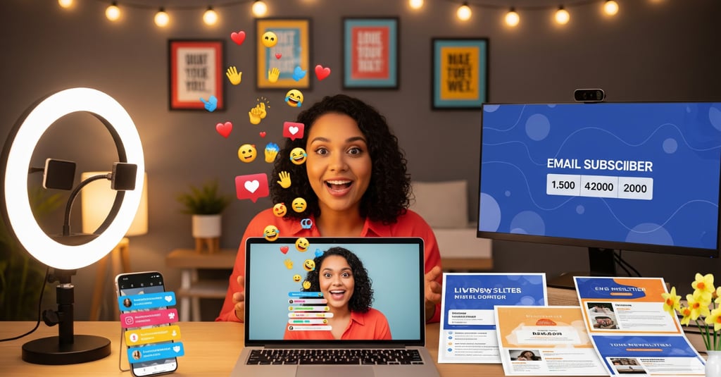 A blogger  presents to a live audience, with chat emojis and a subscriber counter visible.
