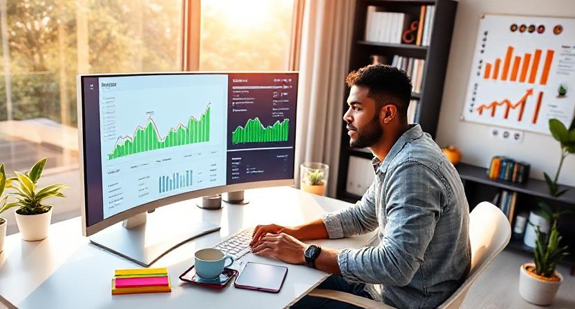 An entrepreneur works at a modern desk with a curved monitor displaying colorful analytics