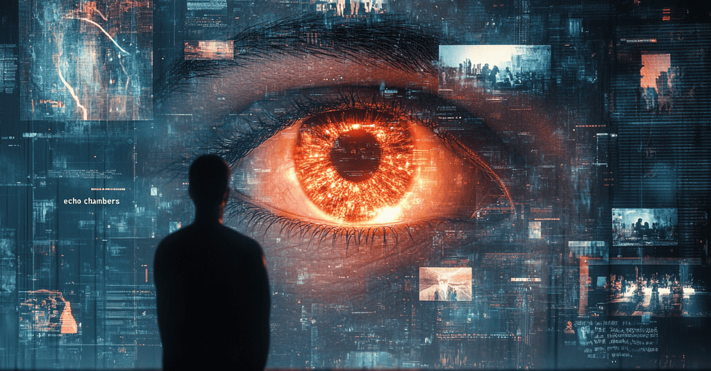 a man standing in front of a cityscape with a large eyeball