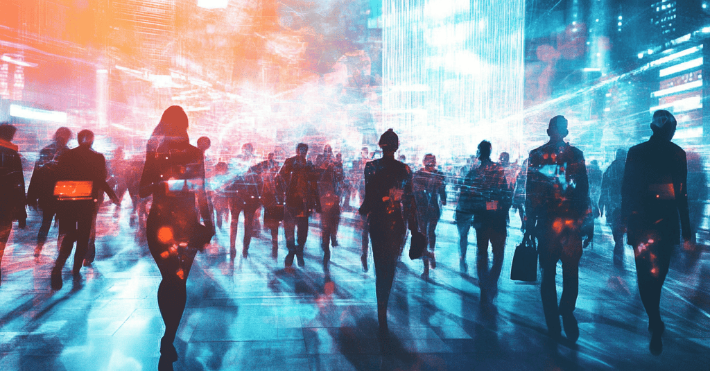 a group of people walking down a city street