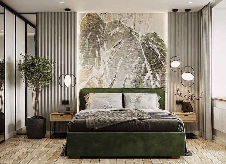 a bedroom with a large painting on the wall decoration side table