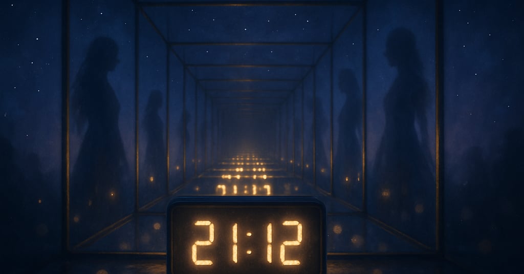 Heure miroir 21h12 affichée sur horloge avec reflets mystiques et trois silhouettes féminines