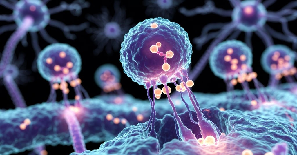 Microscopic 3D rendering of blue cells with nerve fibers and synapses representing neural network communication.