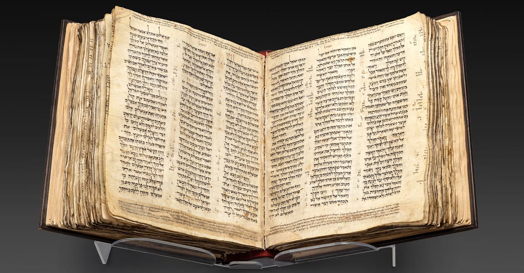 Ancient Hebrew Bible manuscript displayed open, showcasing historic text in Hebrew script