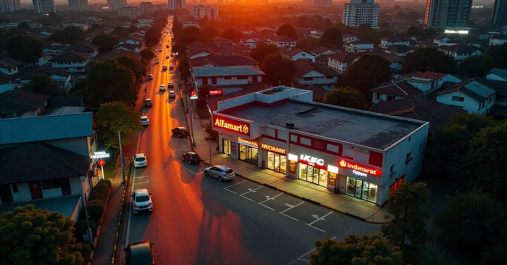 a city street scene with a sunset in the background