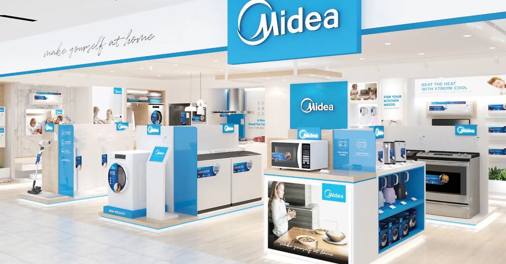 a display of a store with a blue and white sign