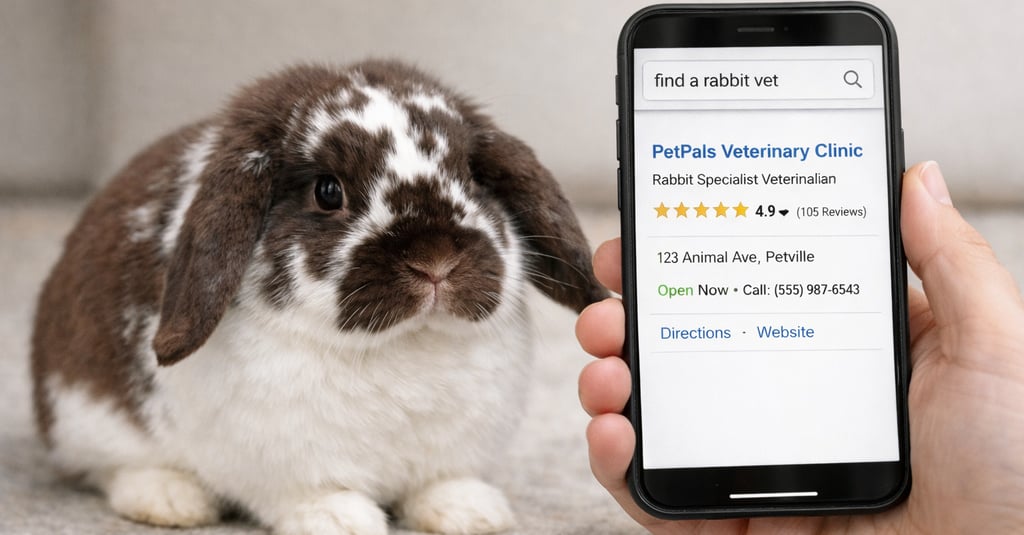 Hot Cross Buns' Loofah waits to learn how to find a rabbit vet in this blog post