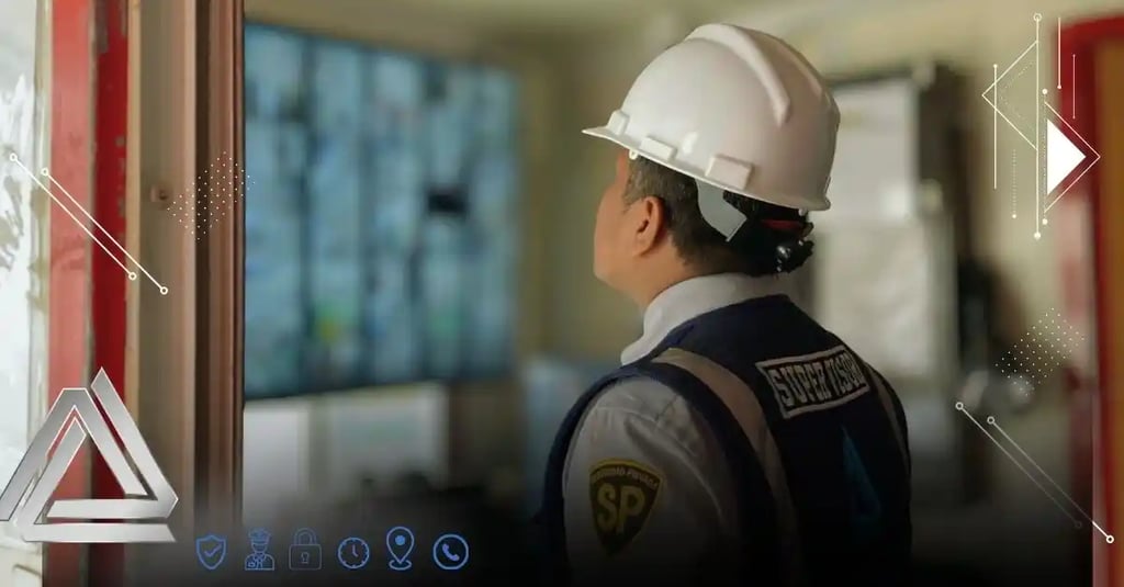 Supervisor realizando evaluación de riesgos y monitoreo de seguridad empresarial en una planta indus