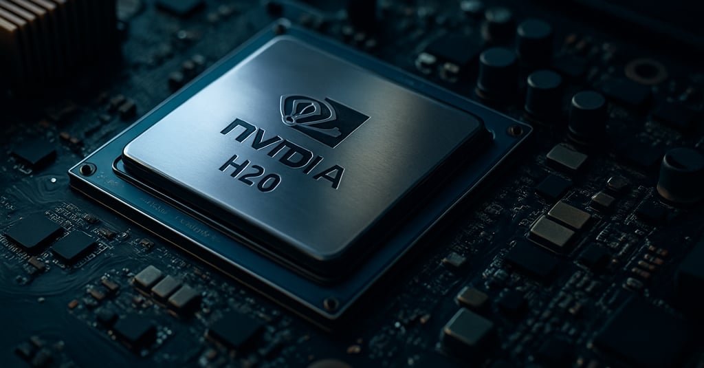 Chip Nvidia H20 sobre uma placa-mãe com componentes eletrônicos detalhados, em destaque realista e i