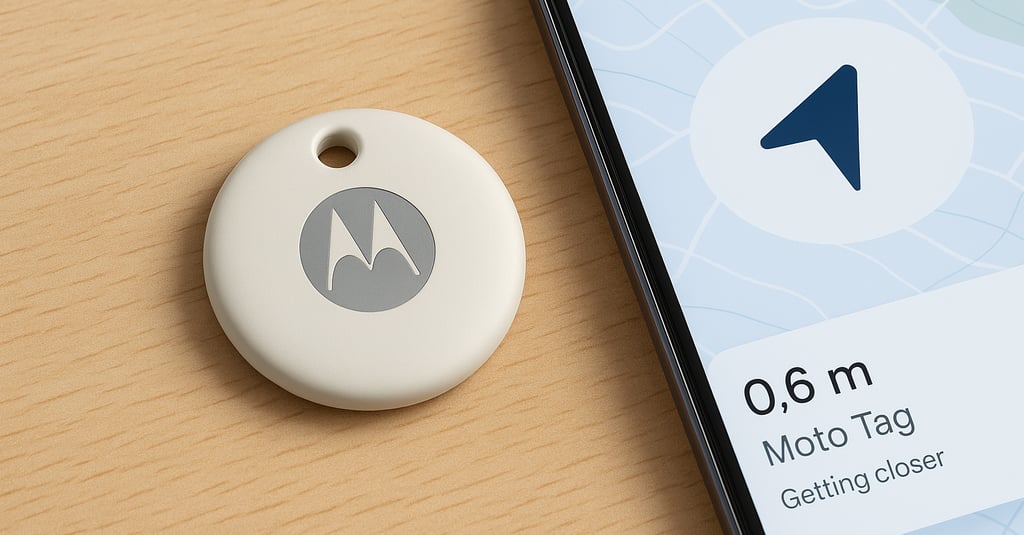 Rastreador Moto Tag da Motorola em cima de uma superfície de madeira clara ao lado de um smartphone 