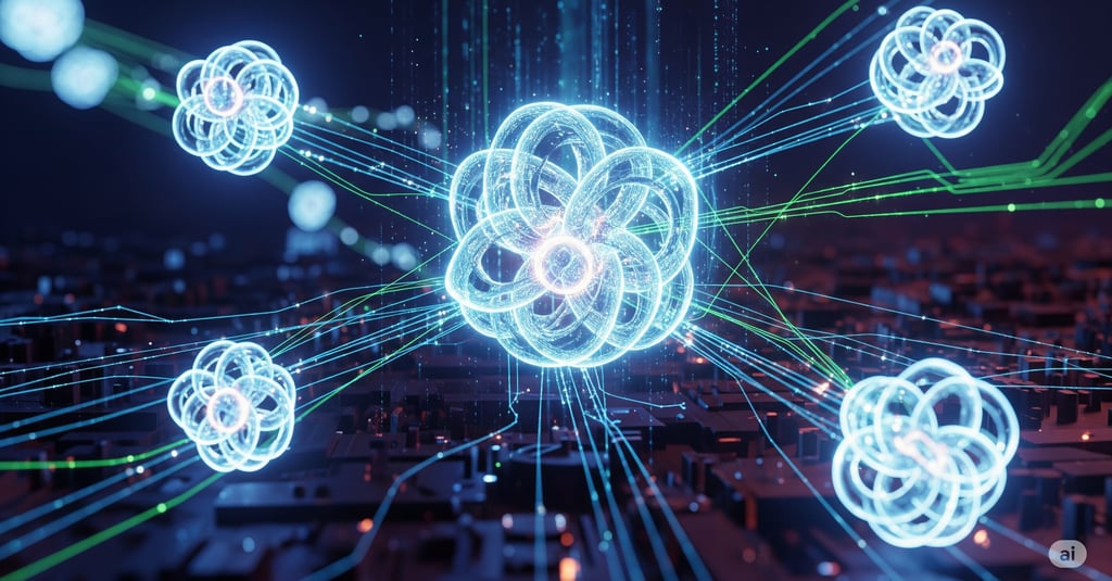  Visualização abstrata de computação quântica com qubits interconectados e brilhantes, representando