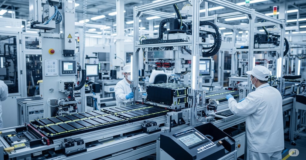 Linha de produção de baterias para veículos elétricos em uma fábrica moderna, com trabalhadores e ma