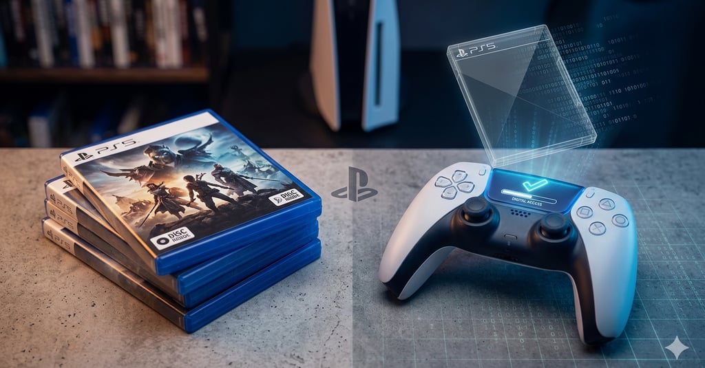 Controle de PS5 com holograma de jogo digital e discos físicos ao lado