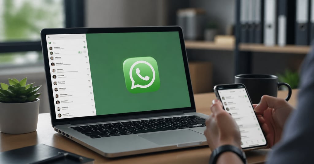 Pessoa usando o WhatsApp Web no notebook enquanto segura o celular, em um ambiente de trabalho moder