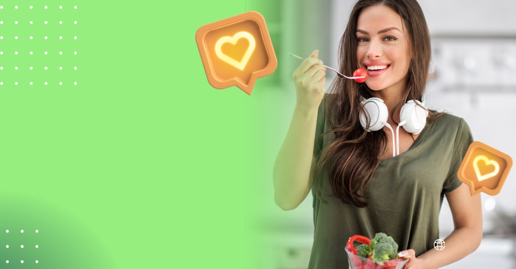 Smiling woman with headphones eating a healthy vegetable salad with social media heart icons.