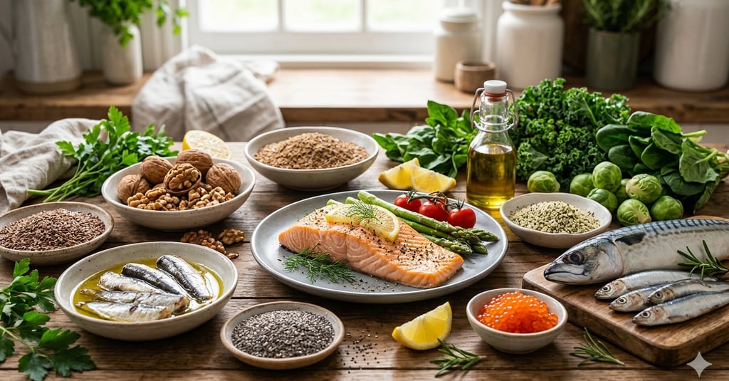 Healthy Mediterranean diet spread featuring grilled salmon, sardines, walnuts, and leafy greens for omega-3 nutrients.