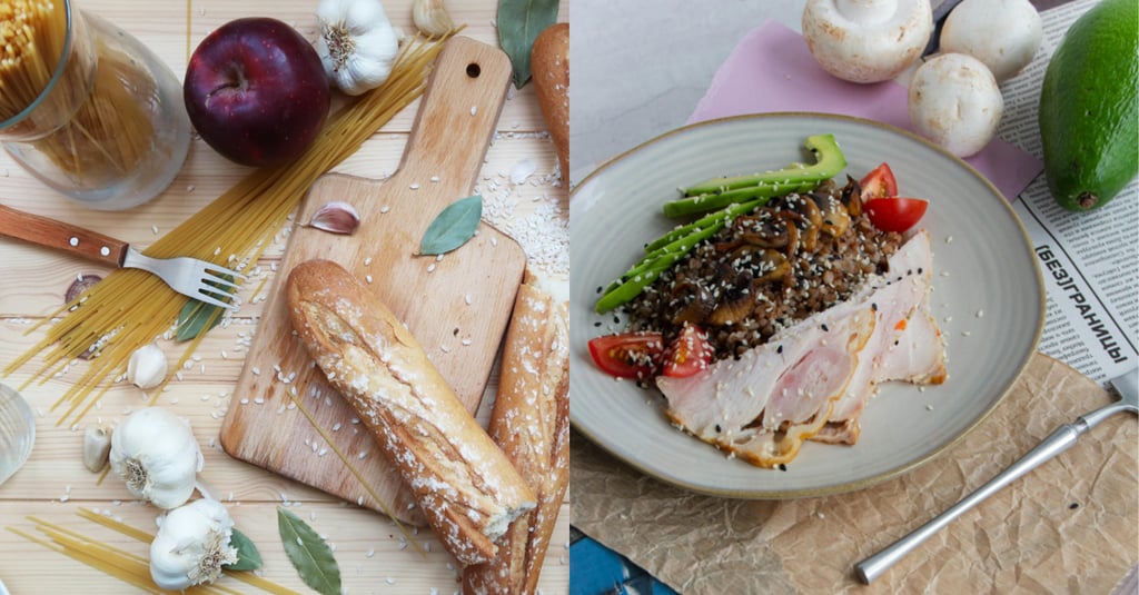 Flat lay of healthy meal ingredients and a plate with buckwheat, mushrooms, chicken, and avocado.