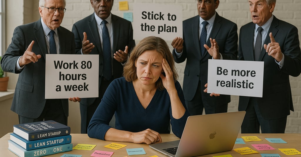 Entrepreneur struggling while trying to apply outdated business advice. Sitting at desk. 