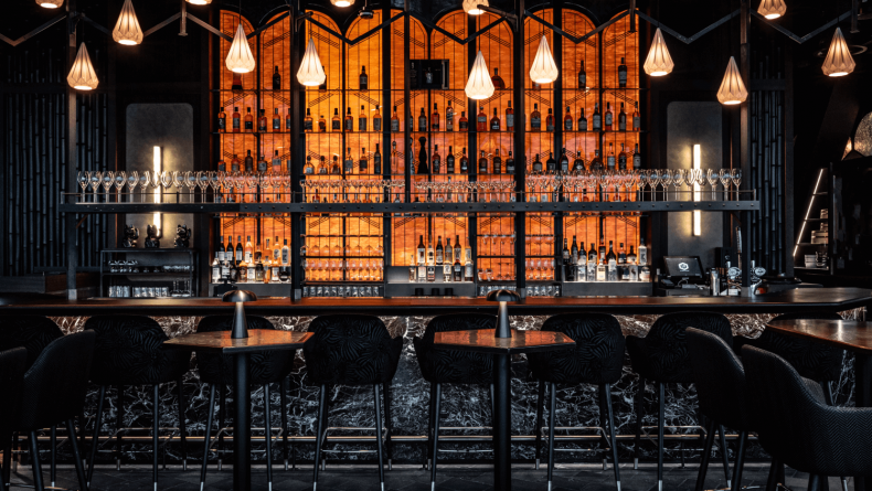 Lucky Cat BishopsGate,Luxury cocktail bar with ambient lighting, premium spirits, and elegant decor.