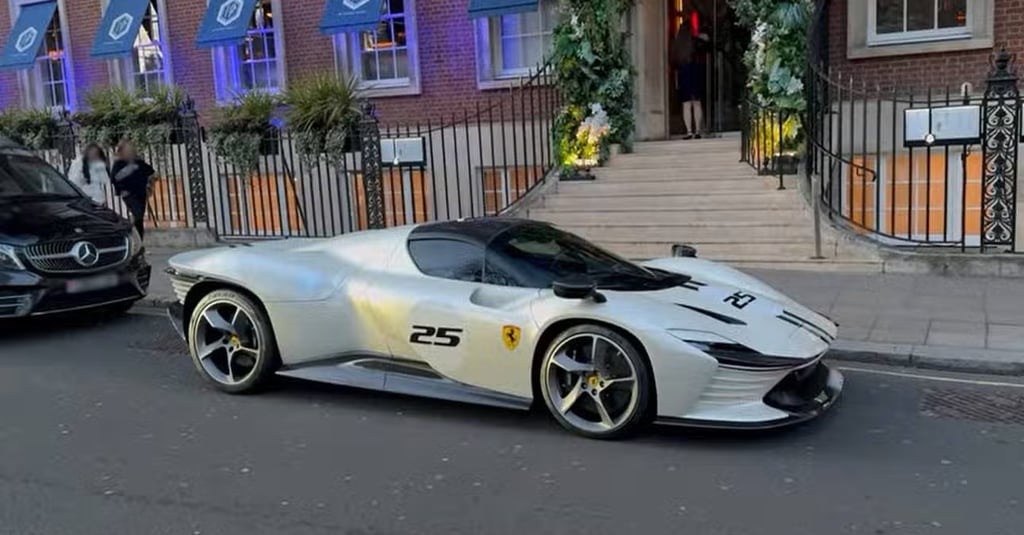 Rare Ferrari Daytona SP3 parked outside Lucky Cat Mayfair in London.