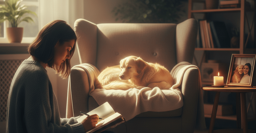 "Terapia de duelo animal Amara: mujer escribiendo junto a su perro en un ambiente de paz.