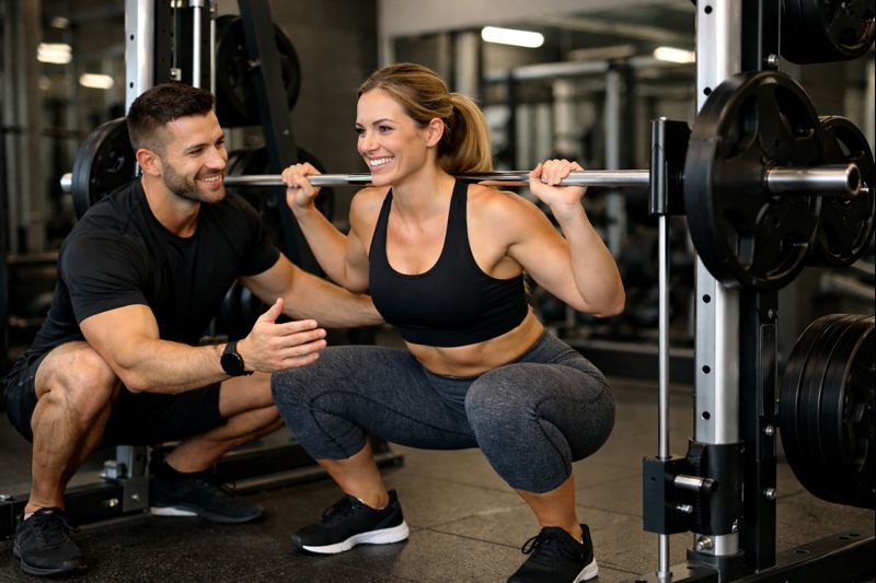 Personal trainer coaching a female client through a squat on a Smith machine in a modern gym