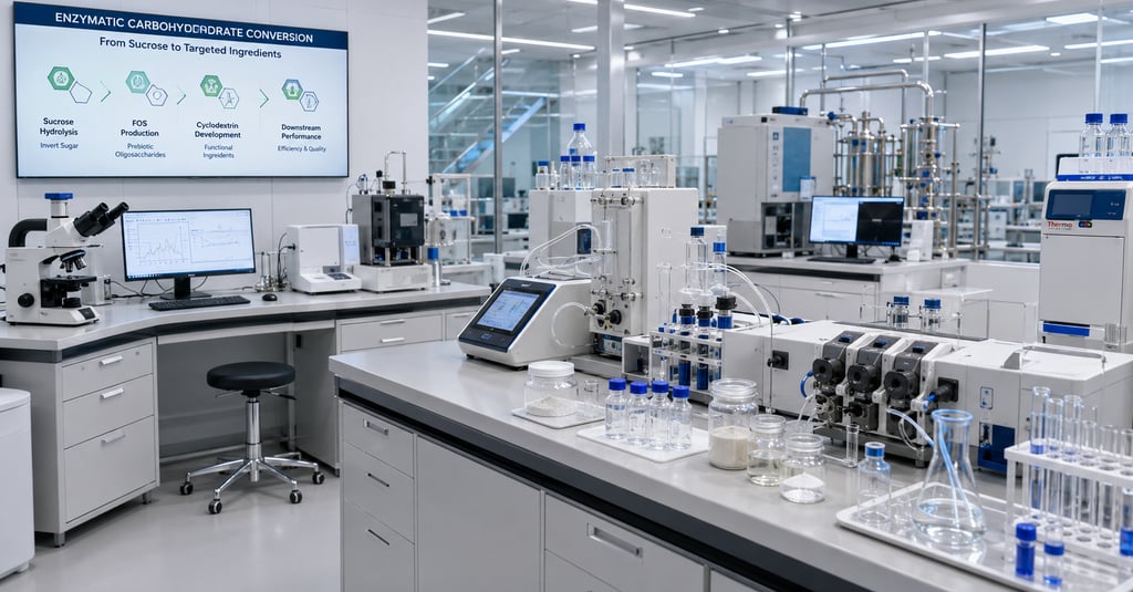 Modern food biotechnology laboratory with analytical instruments, chromatography systems, and carbohydrate samples